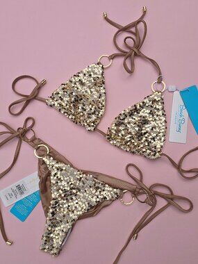 BEACH BUNNY Gold Sequin Paparazzi Top M L Tie Side Bottom M Bikini $250 NWT